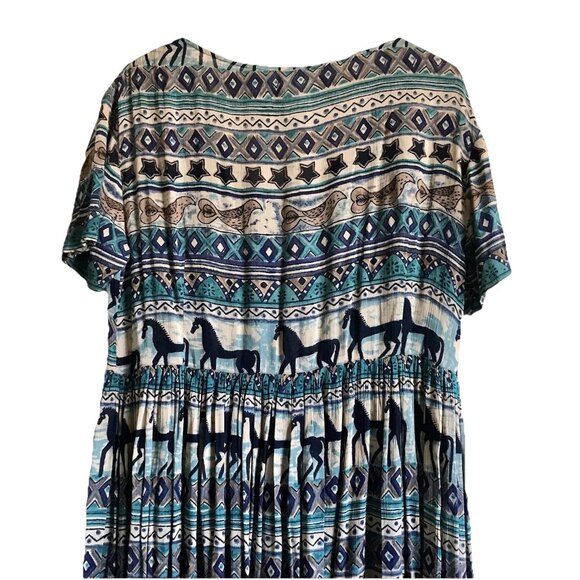 Vintage Phool Maxi Dress South West Folk Horse Print Indian Broomstick Button‎ M - Picture 4 of 9